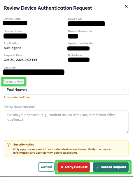 Accept or deny the request after matching to a user