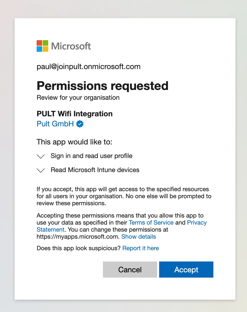Review the permissions and click Accept in the Microsoft consent dialog