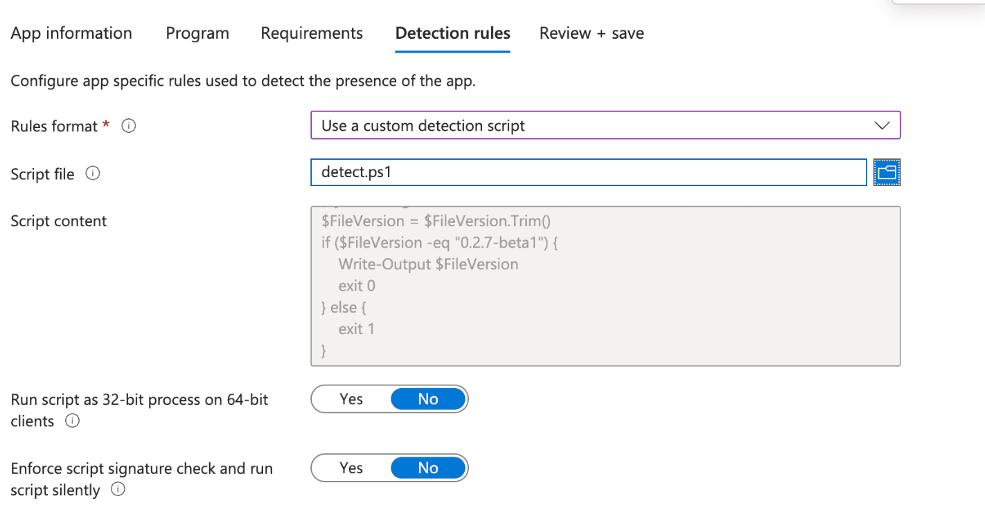 Custom detection script configuration in Intune