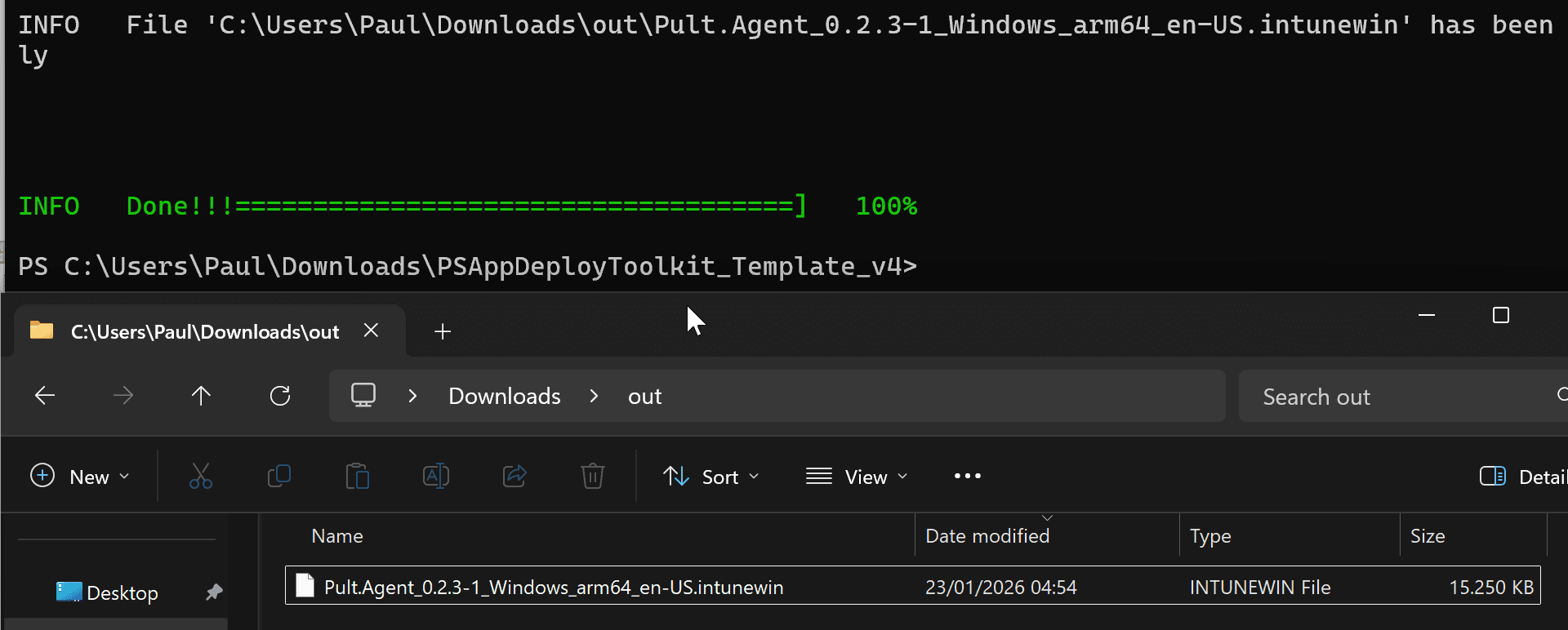 IntuneWinAppUtil output showing generated intunewin package