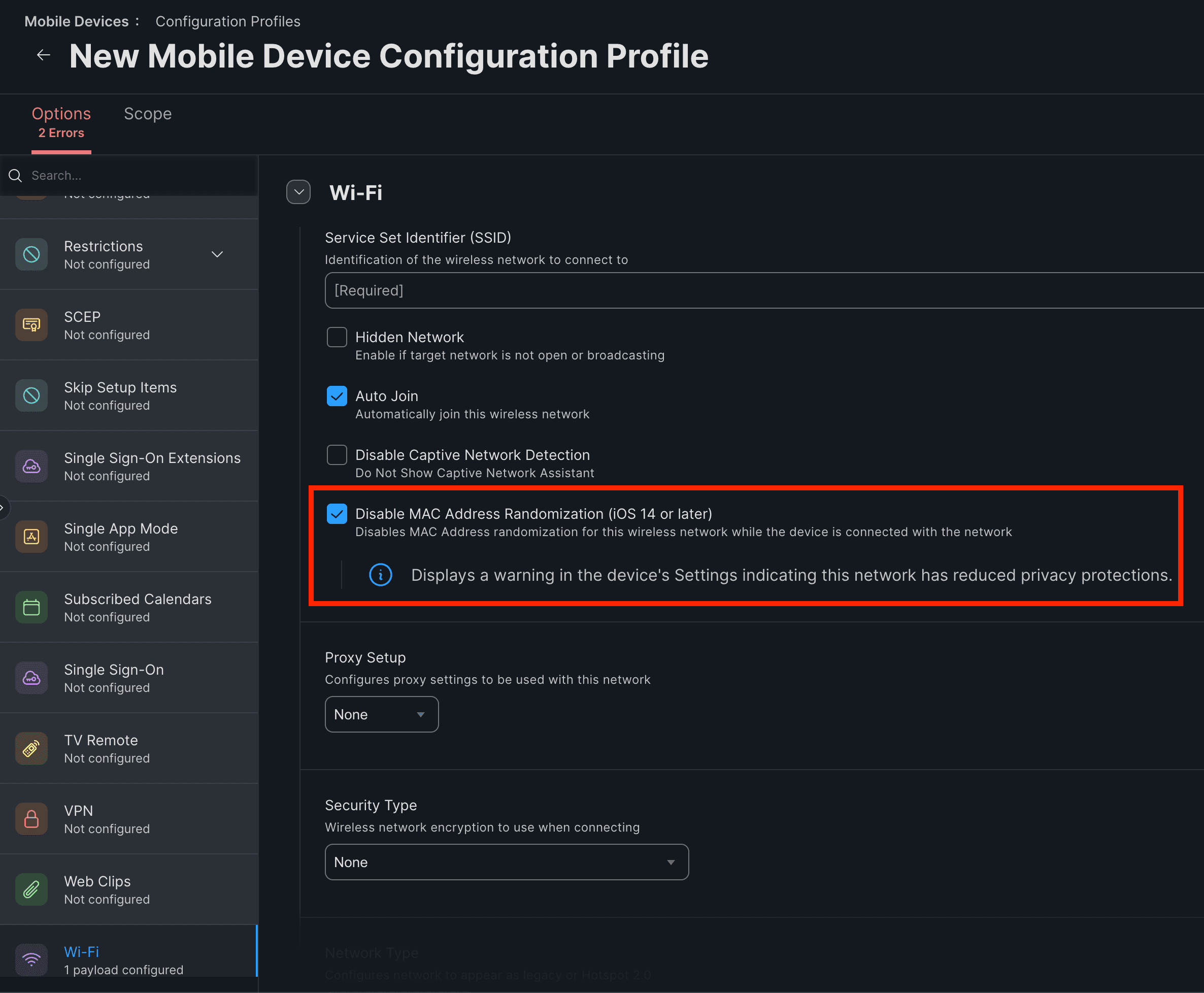 iOS Wi-Fi configuration profile with Private Wi-Fi Address disabled