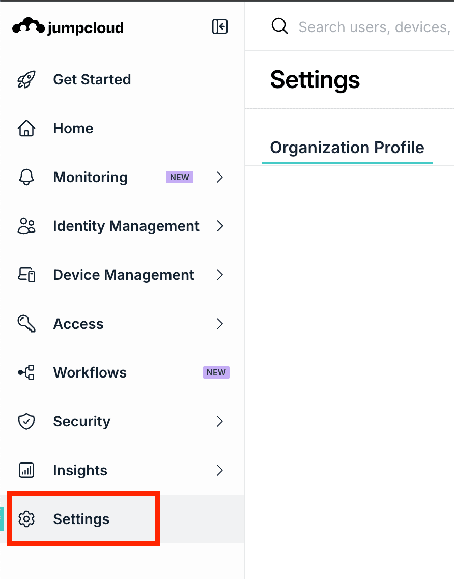 Open Settings in the JumpCloud sidebar