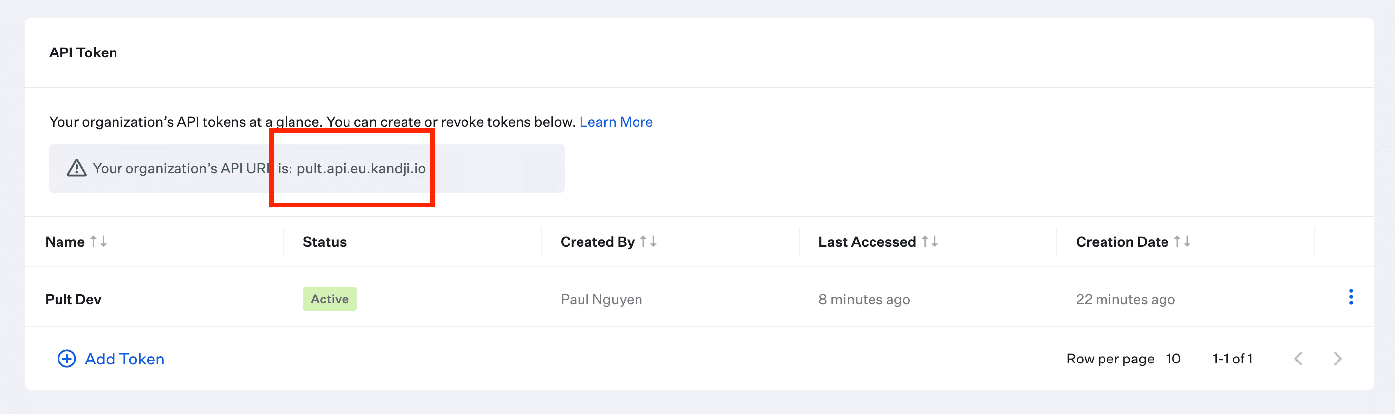 API URL and API Token shown after creation