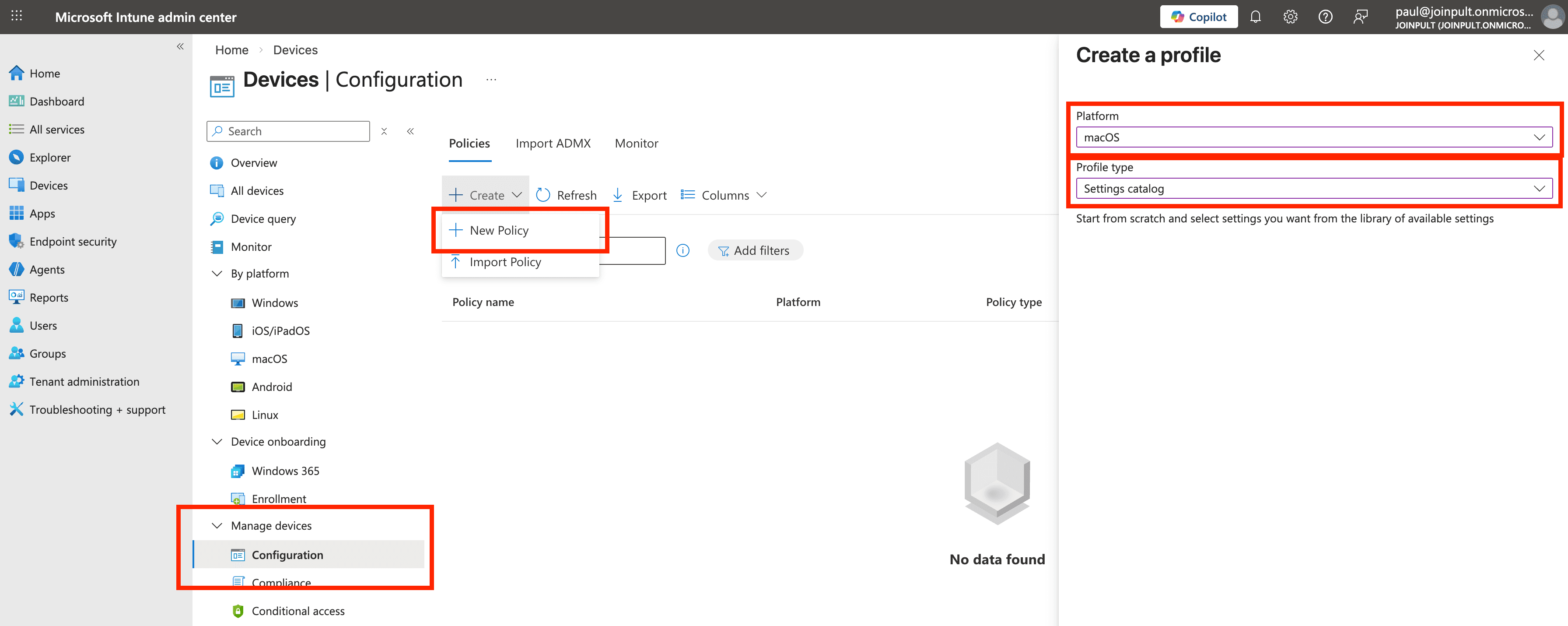 Create a new macOS Settings Catalog profile in Intune