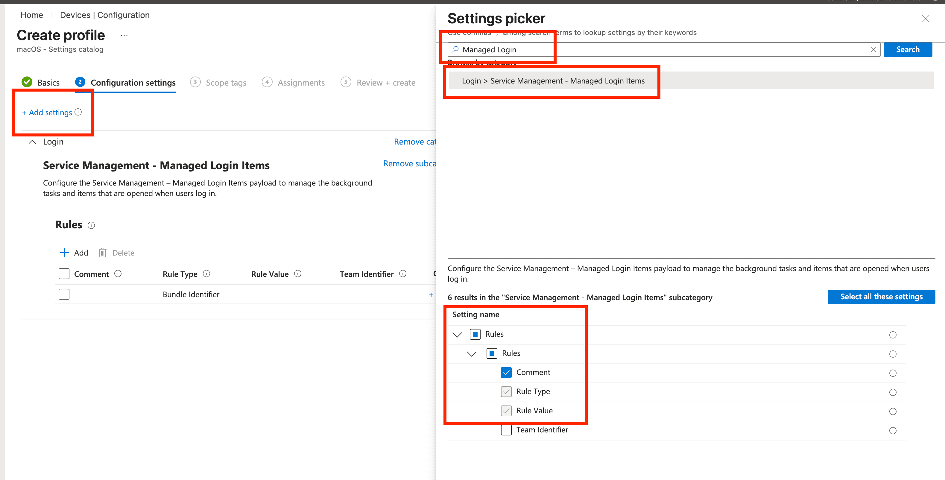 Search for Managed Login Items and select the Rules settings