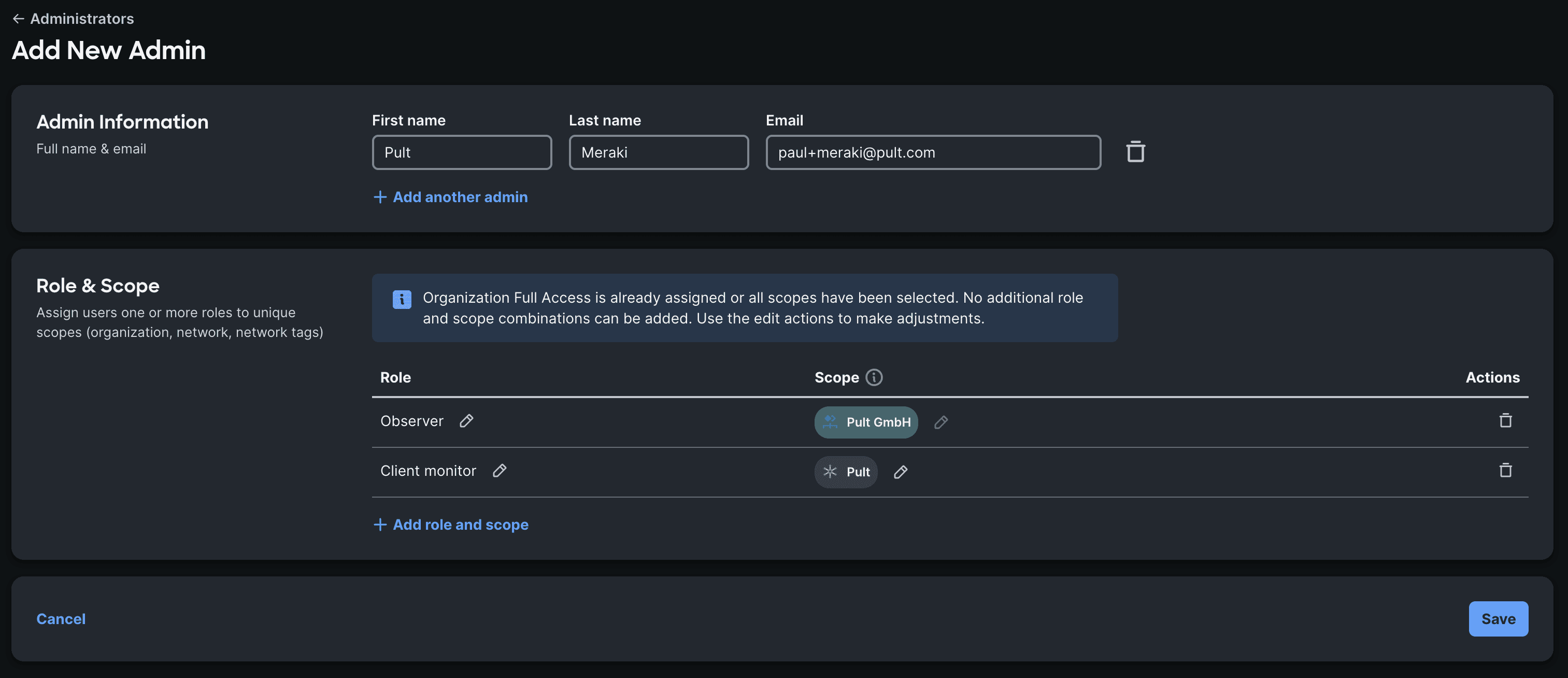 Both roles assigned before saving the new admin