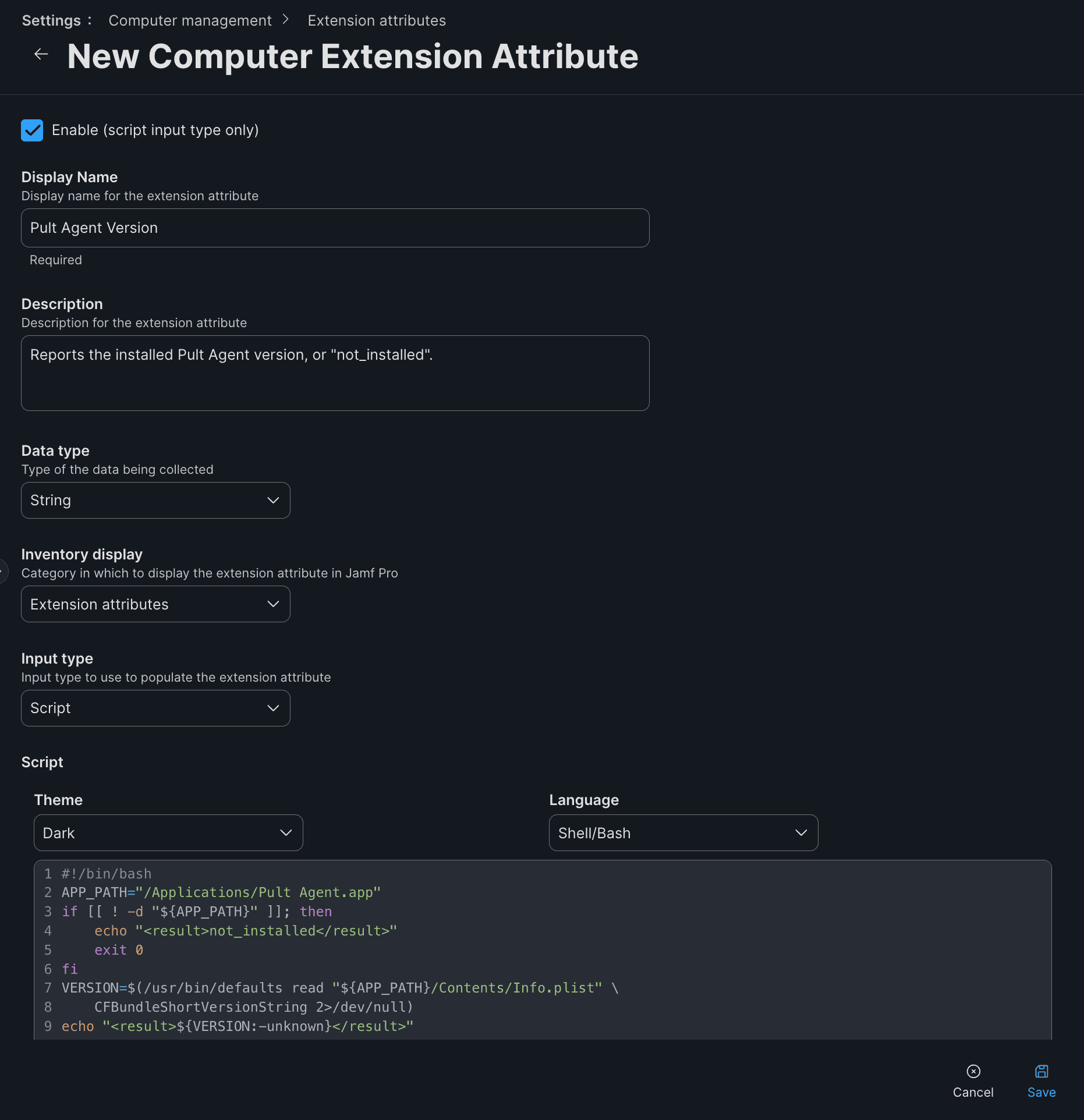 New Computer Extension Attribute form in Jamf Pro showing the Pult Agent Version configuration with the version-detection script