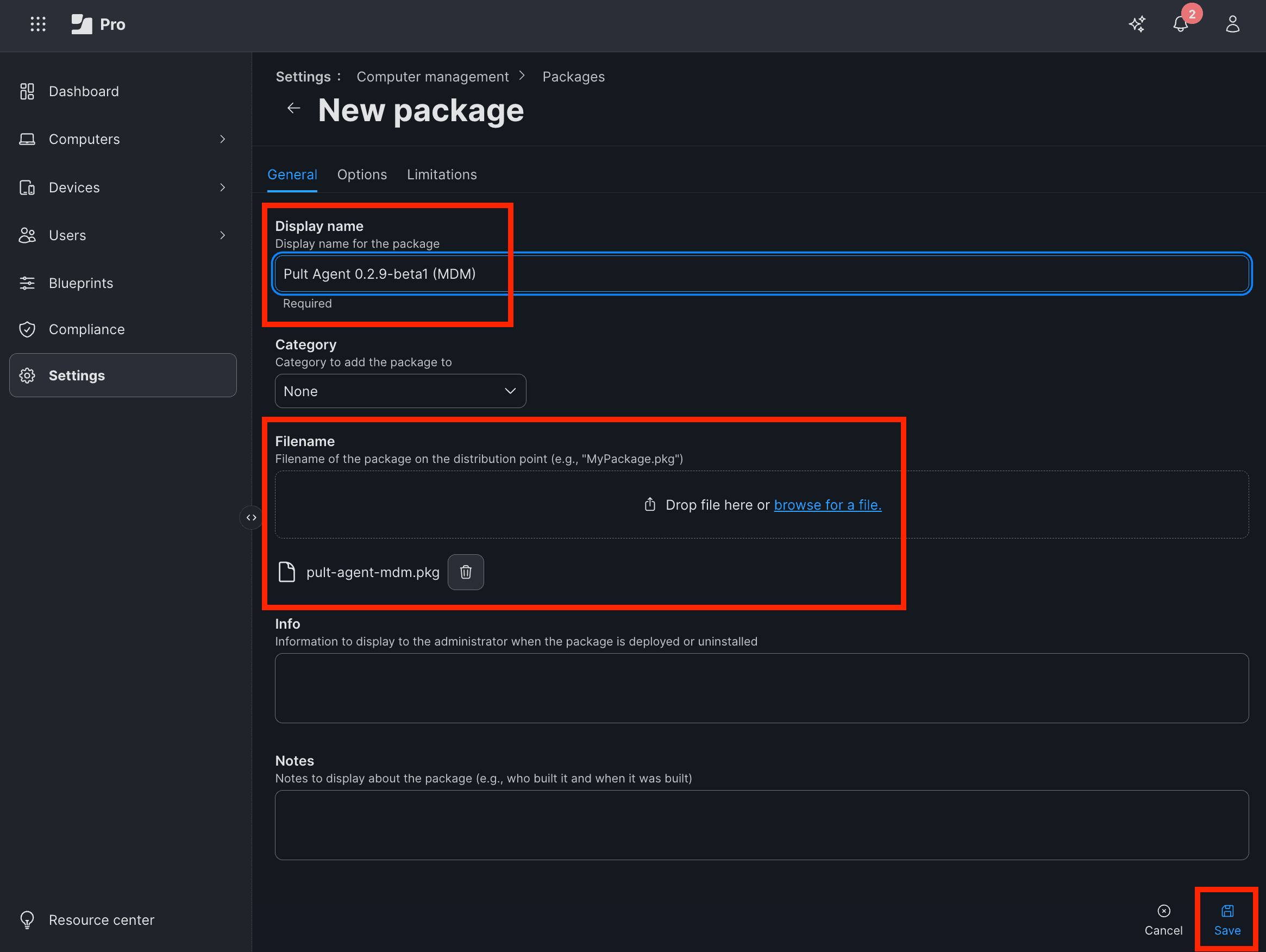 New package upload form in Jamf Pro with display name, filename, and Save button highlighted