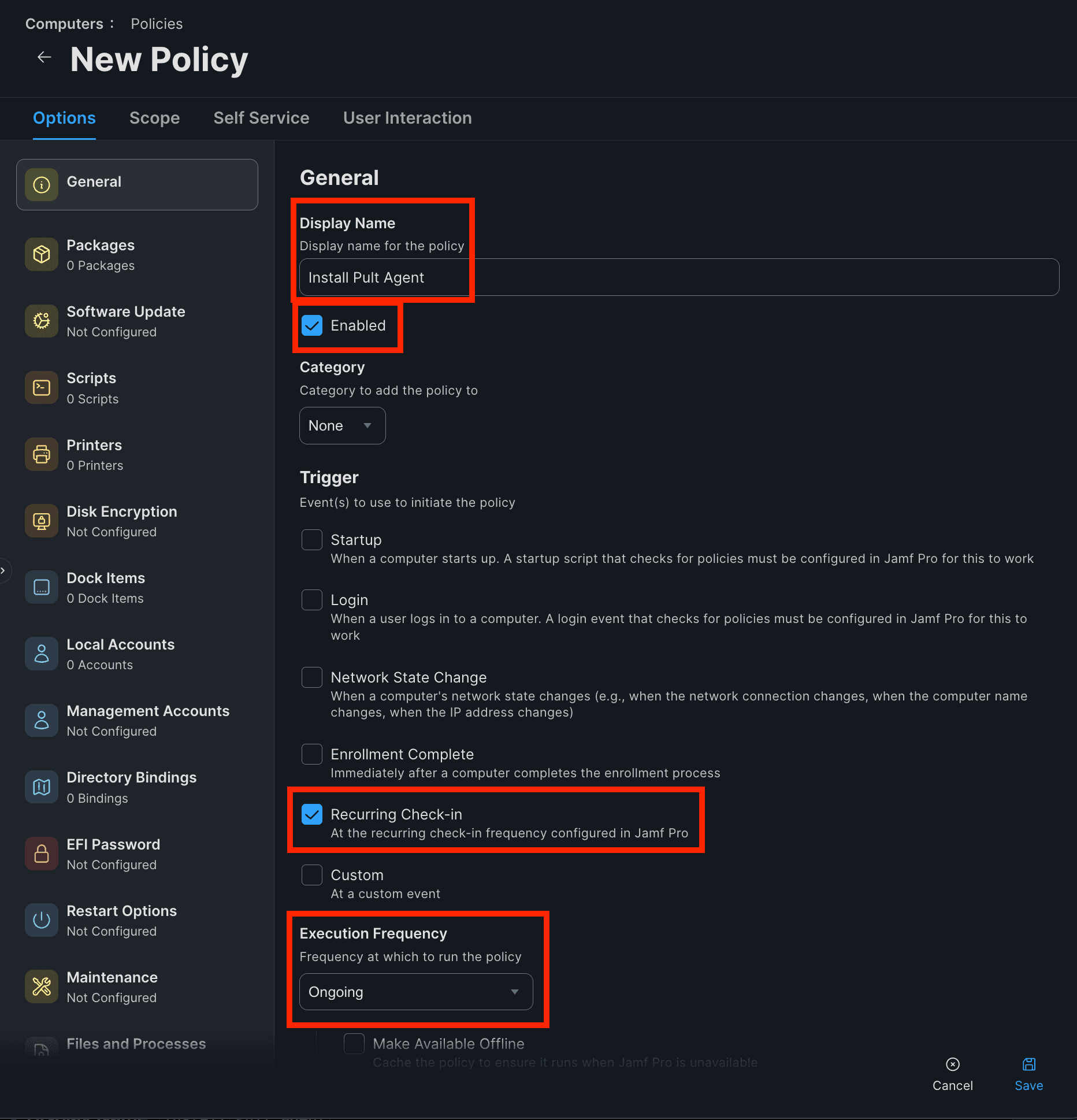 Policy General tab with Display Name "Install Pult Agent", Enabled checked, Recurring Check-in trigger, and Ongoing execution frequency