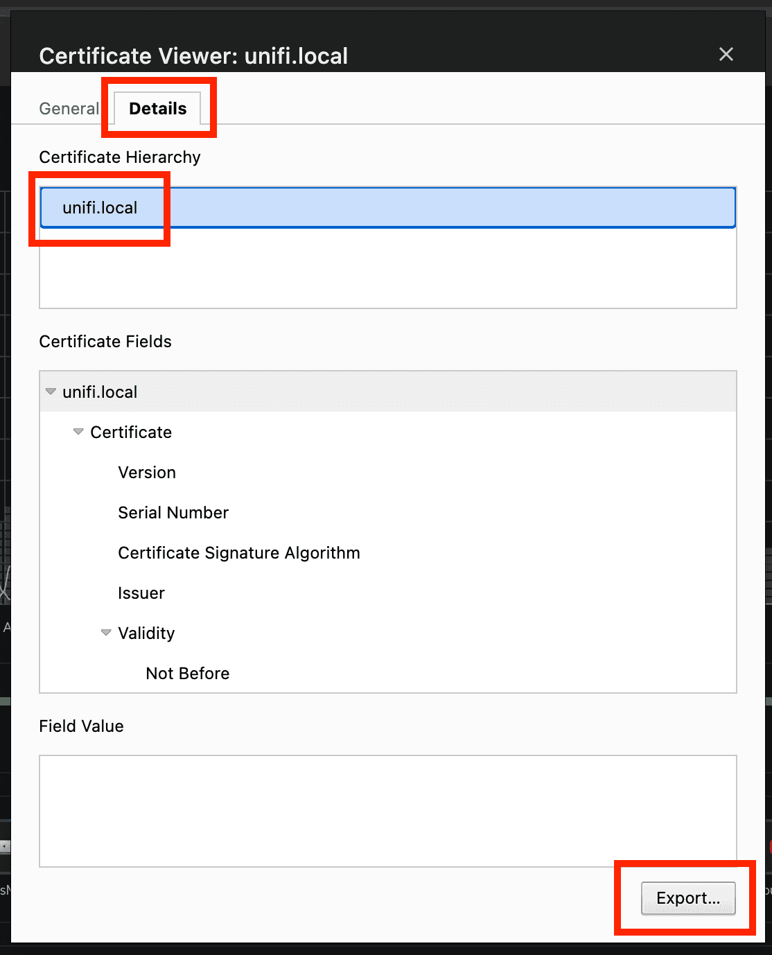 Export the certificate in PEM format