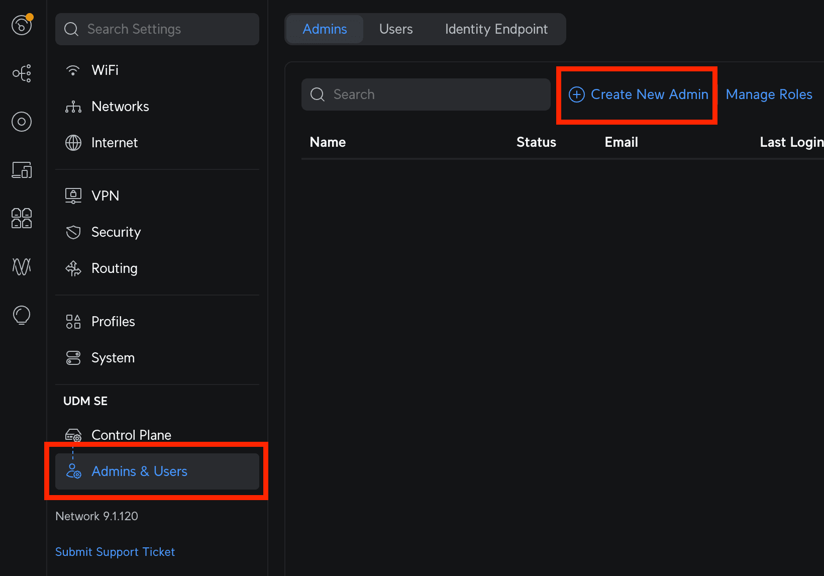 Click Create New Admin in UniFi Settings → Admin & Users