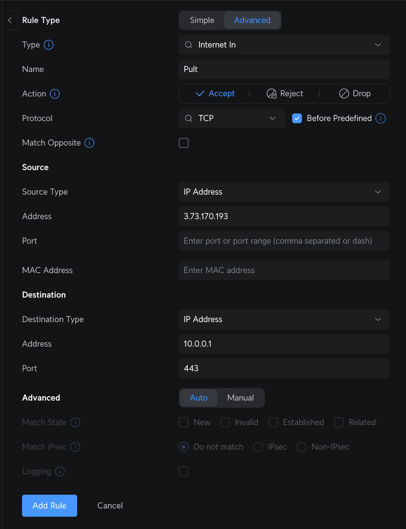 UniFi firewall rule restricting the exposed port to Pult's IP